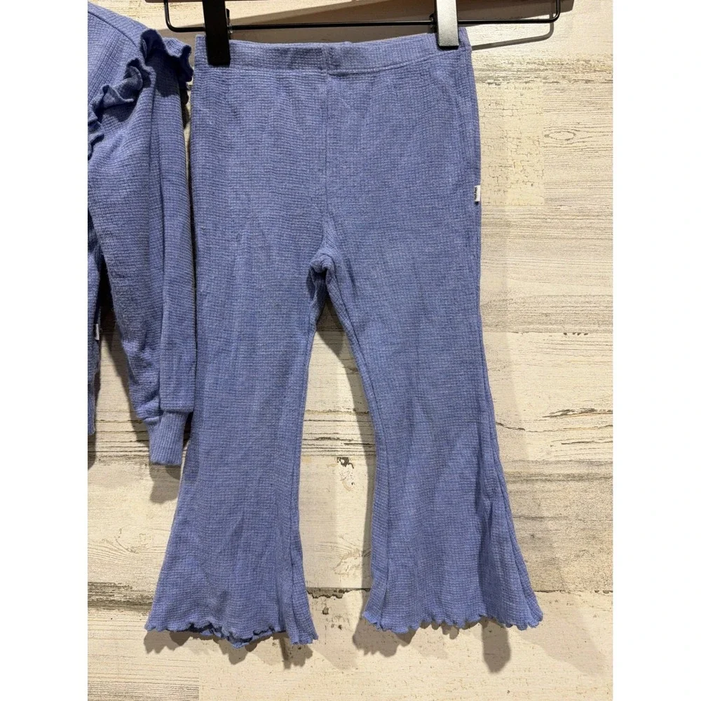 Little Sleepies Set Girls 2T Blue Waffle Knit Ruffle Flare EUC